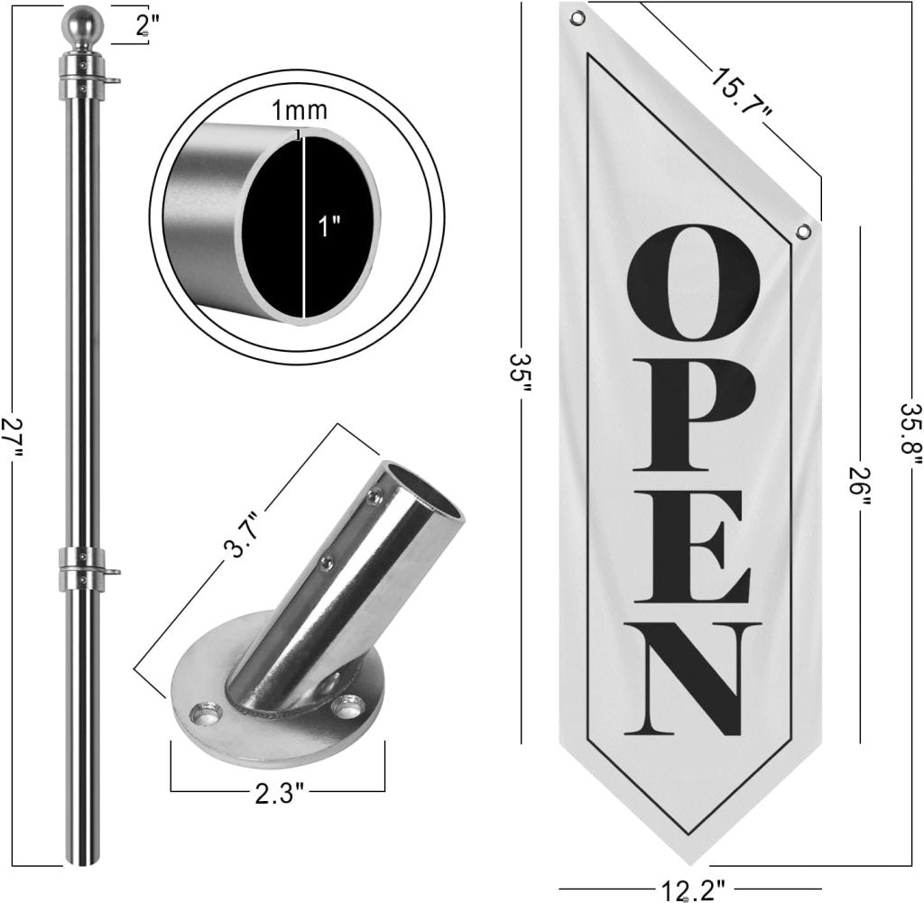 Vintage Style Open Flag, Double - Sided Three - ply Hanging Open Sign with Pole and Mounting Kit (White - W, 27")